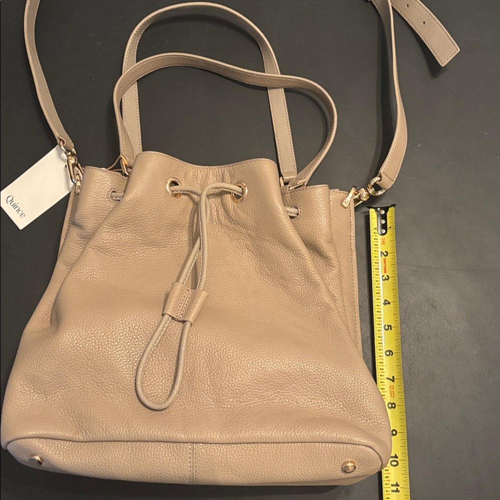 Quince Taupe Pebbled Leather Drawstring Crossbody Bag - Picture 8 of 8